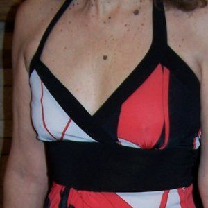 JOLIE  BLACK ORANGE & WHITE HALTER DRESS w BACK TIE  SASH ( WITH TAGS